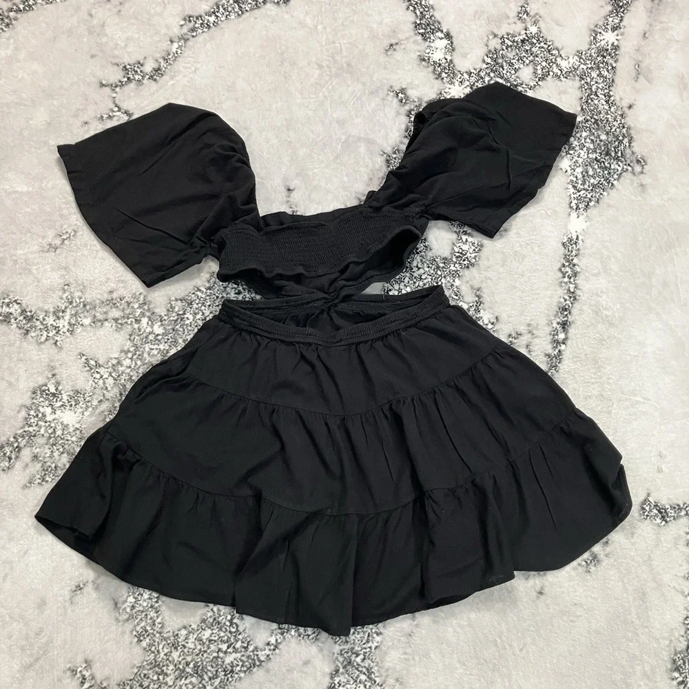 Free People Black Cutout Puff Sleeve Tiered Mini Dress Women's Size Large